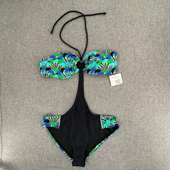 Flower Bandeau‎ Monokini Swimsuit Juniors Large 11/13 Green Blue Black Swimwear - Picture 1 of 16